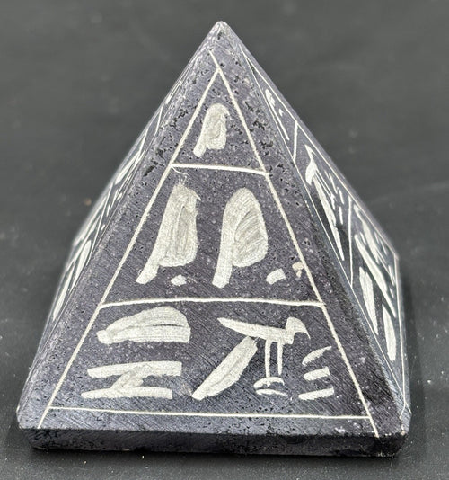 Egyptian basalt pyramid with carved hieroglyphs, handmade souvenir