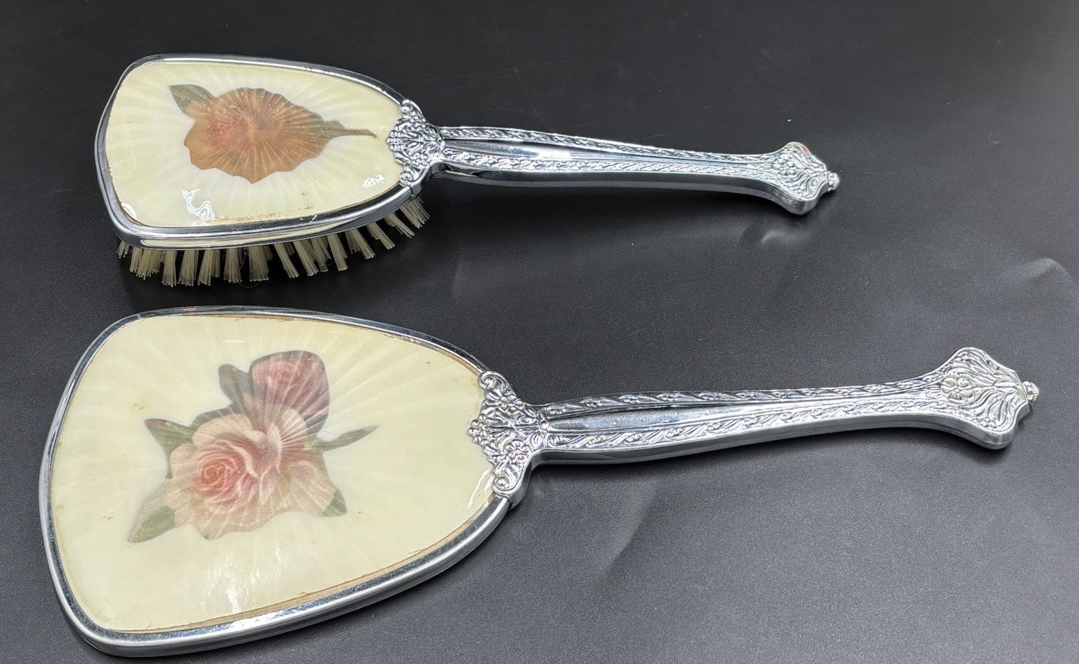 Vintage Vanity Brush & Hand Mirror Set Floral Silver Tone Mid Century