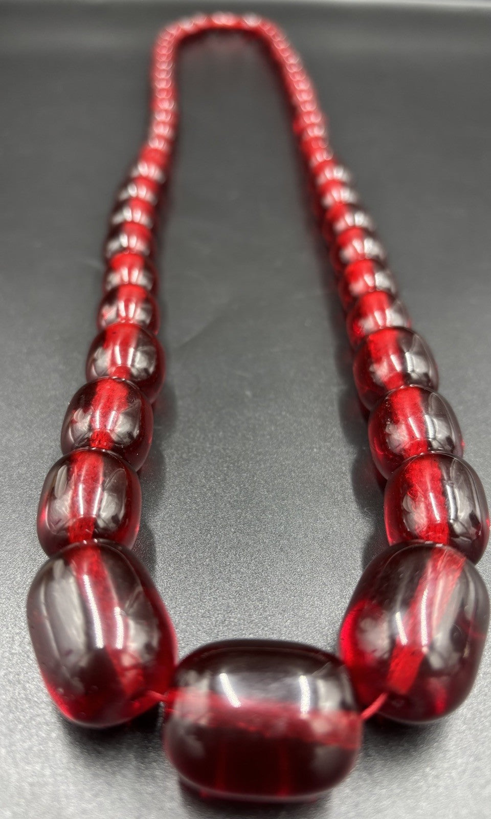 Vintage 1930s Cherry Amber Phenolic Necklace 132g Red Translucent Beads