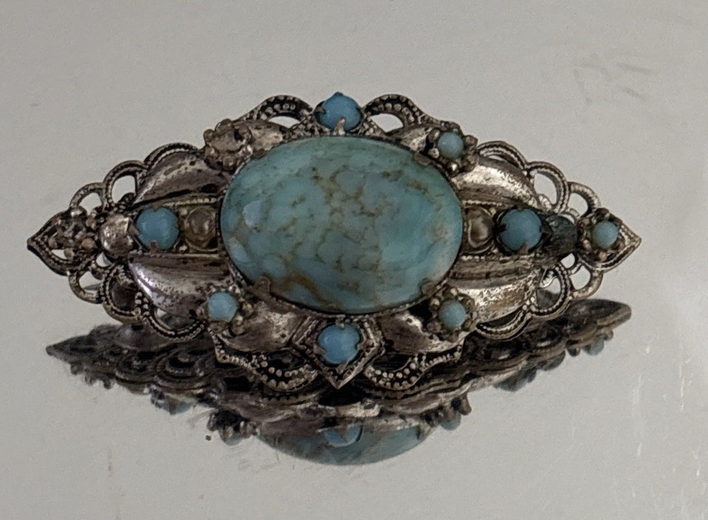 Vintage Turquoise Glass Filigree Bar Brooch Silver Tone Antique Style