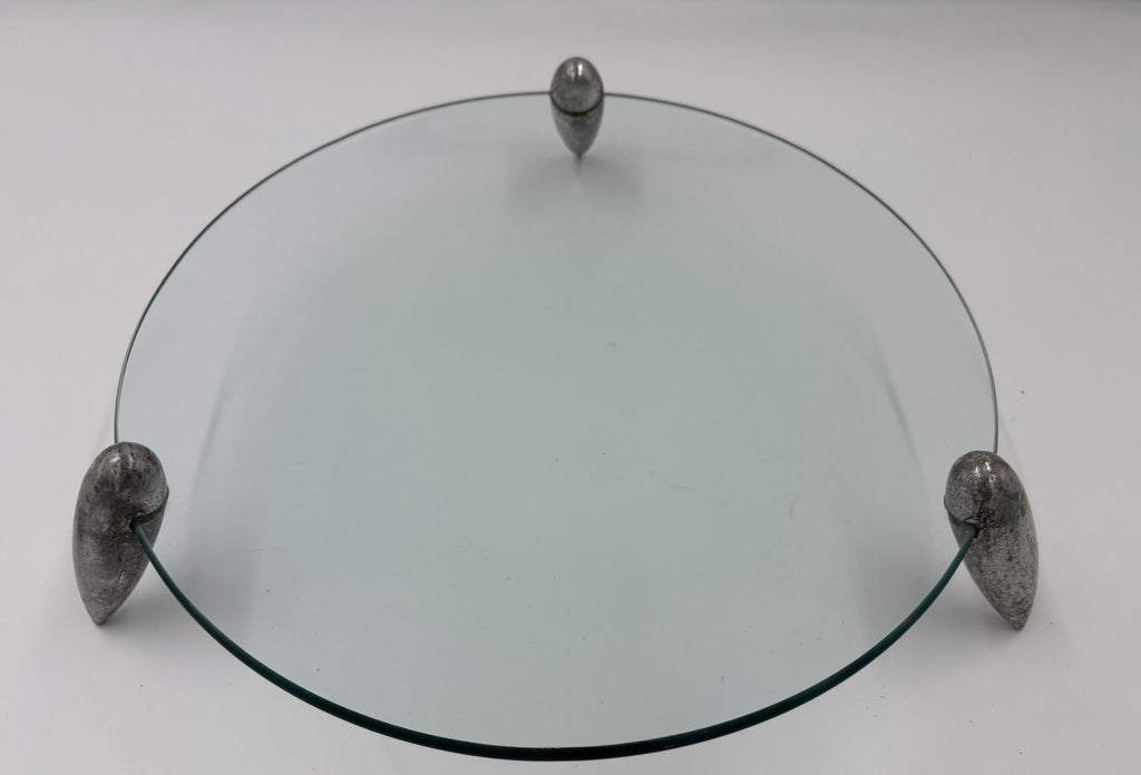 Vintage Modernist Glass Serving Tray Pewter Tone Feet Centrepiece Platter 27cm