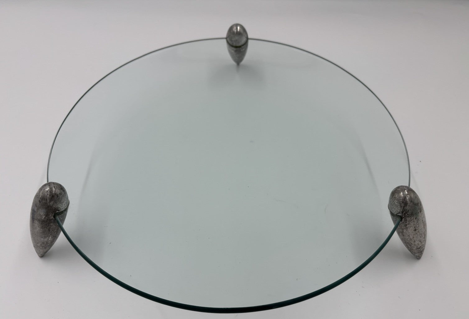Vintage Modernist Glass Serving Tray Pewter Tone Feet Centrepiece Platter 27cm