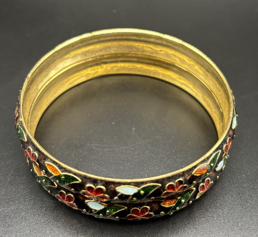 Vintage Cloisonne Enamel Bangles Floral Gold Tone Pair Collectible Asian Style