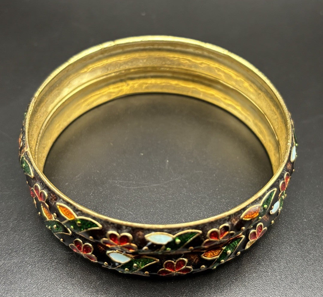 Vintage Cloisonne Enamel Bangles Floral Gold Tone Pair Collectible Asian Style