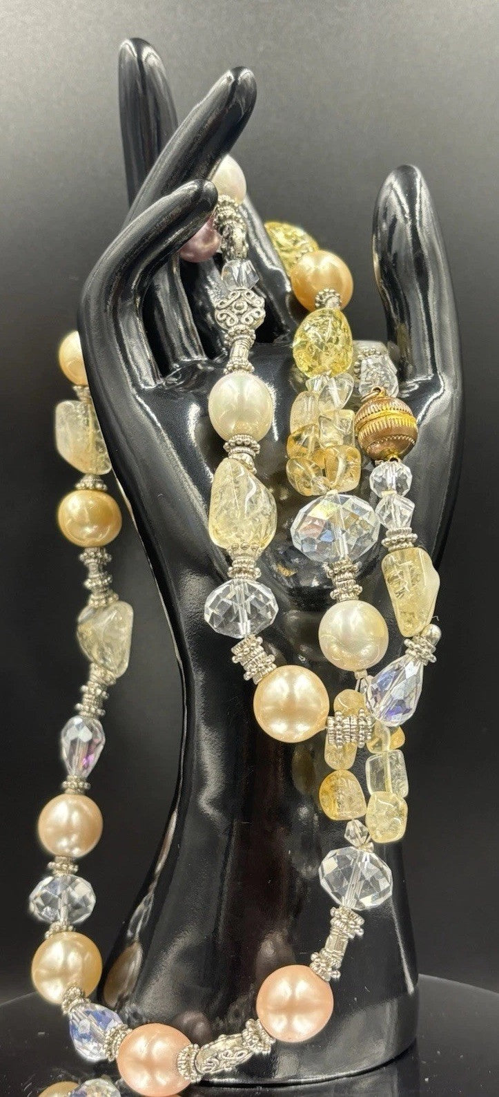 Vintage Pearl and Crystal Necklace Silver Accents Citrine Style Beads