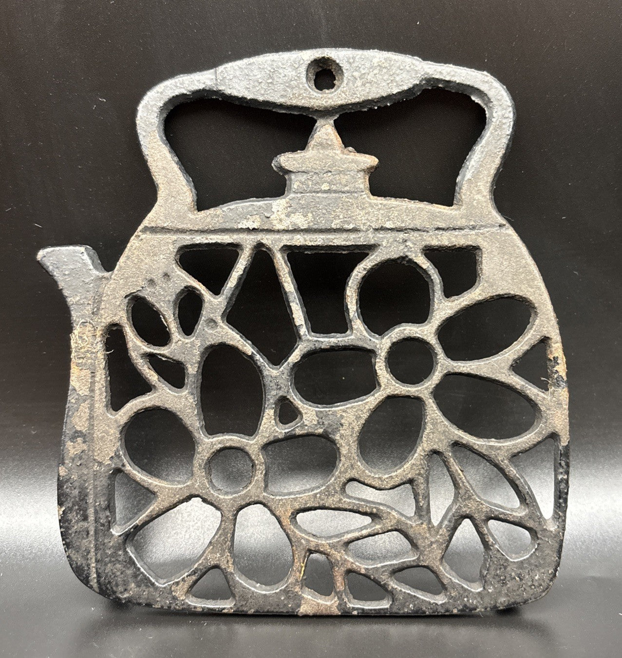 Vintage Cast Iron Teapot Trivet Floral Design Rustic Kitchen Decor