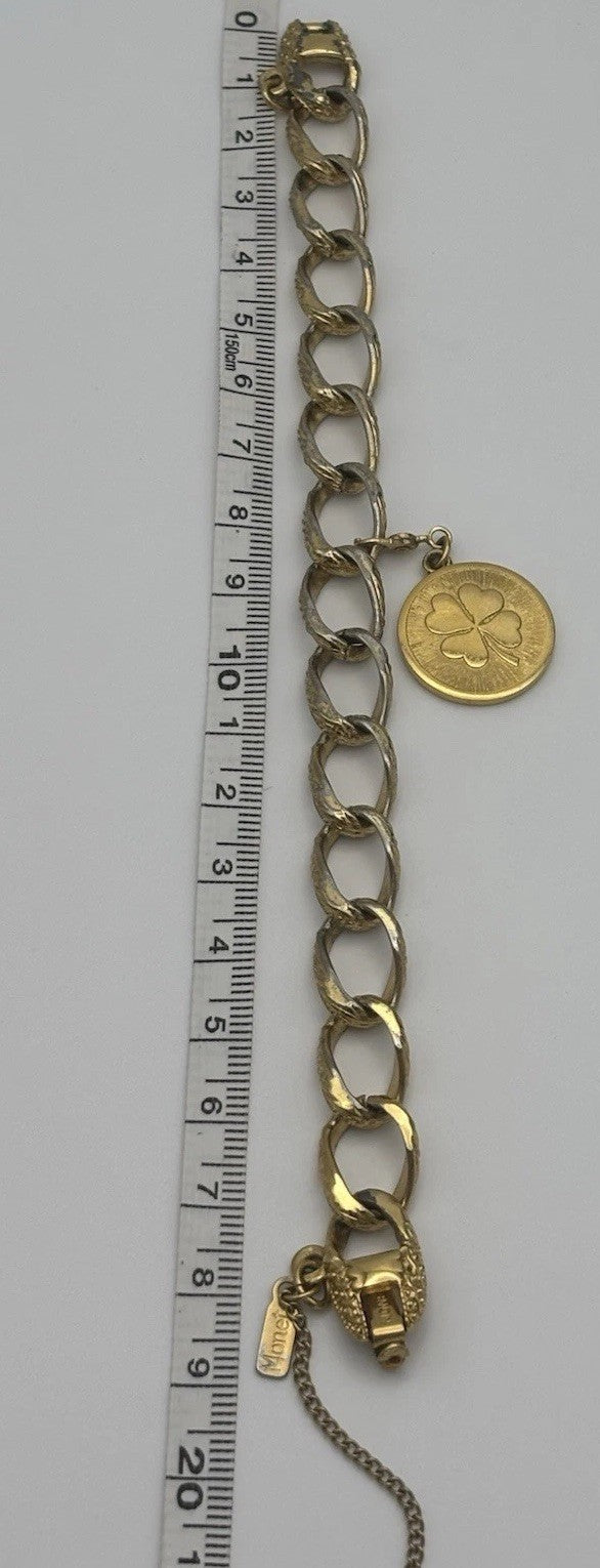 Vintage Monet Gold Tone Clover Charm Bracelet Textured Chain Signed Mid Century