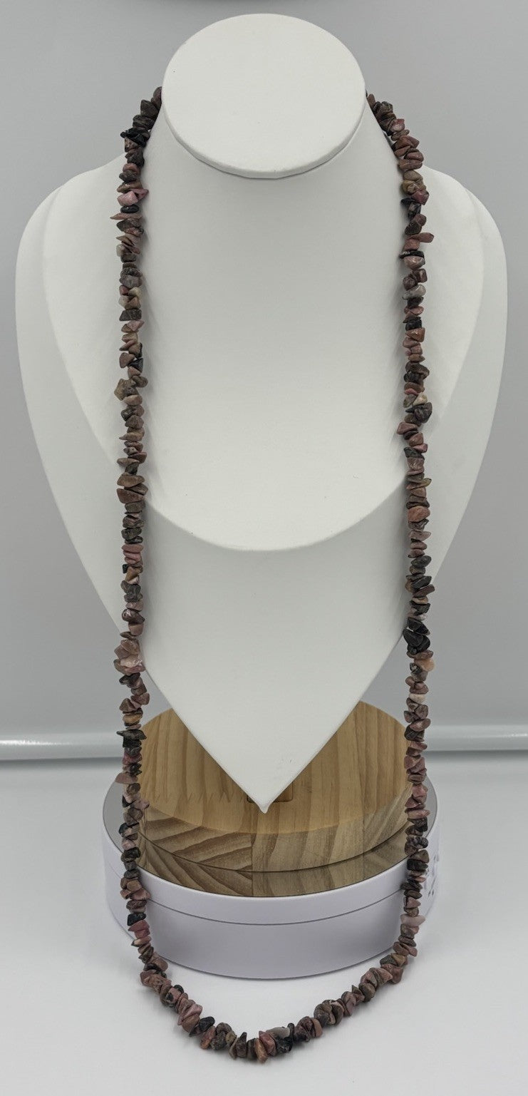 Natural Rhodonite Chip Bead Necklace Pink Black Gemstone Strand