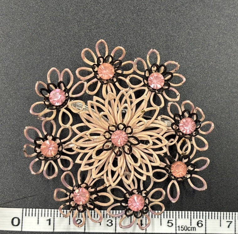Vintage Kramer Brooch Pink Enamel Flower Openwork Rhinestone Signed