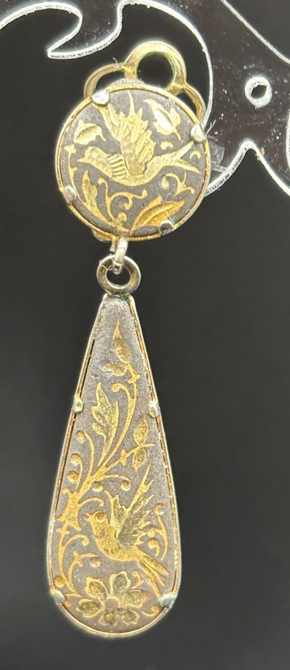1970s spanish damascene gold and black floral bird dangle clip on earrings