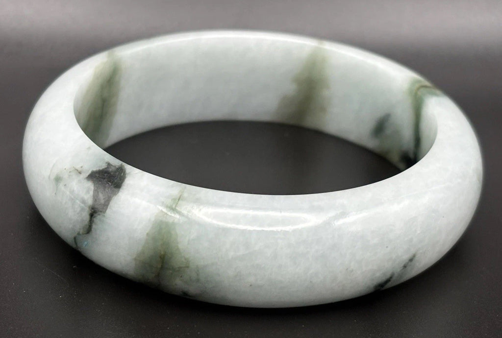 Natural Burmese Jadeite Jade Bangle Moss In Snow Heavy Carved Vintage Bracelet
