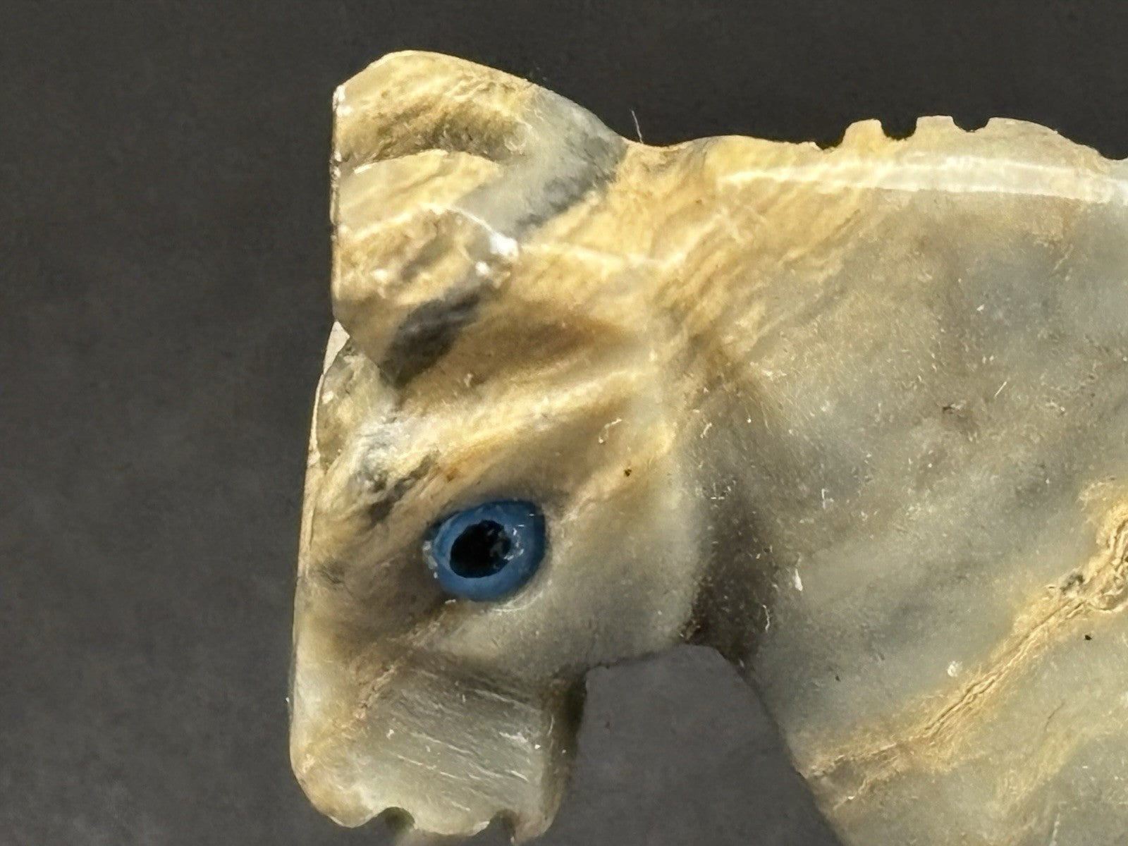 Vintage Hand Carved Onyx Donkey Figurine Banded Stone Animal w Blue Eyes