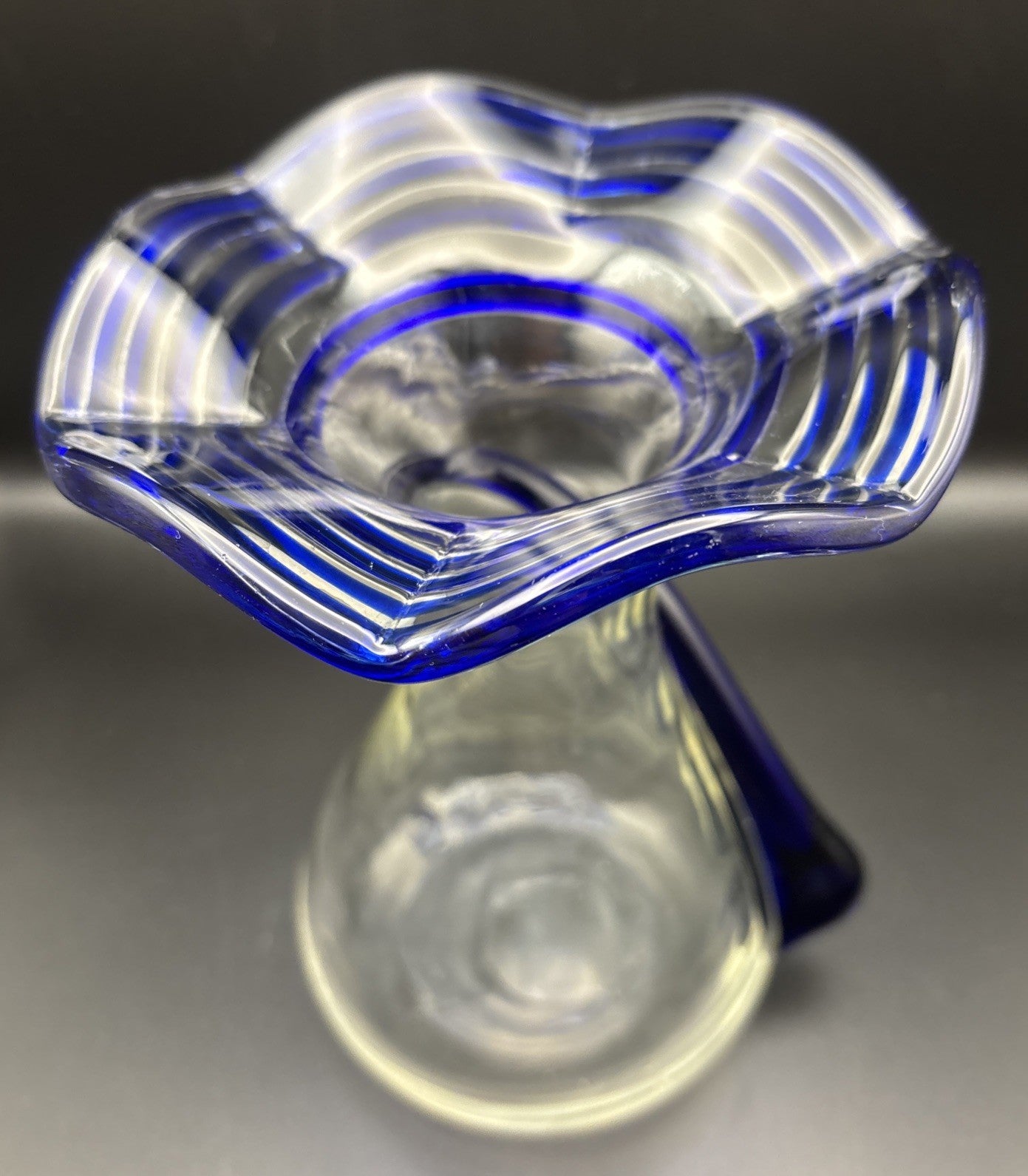 Vintage Cobalt Blue Art Glass Vase Hand Blown Spiral Applied Handle Murano Style