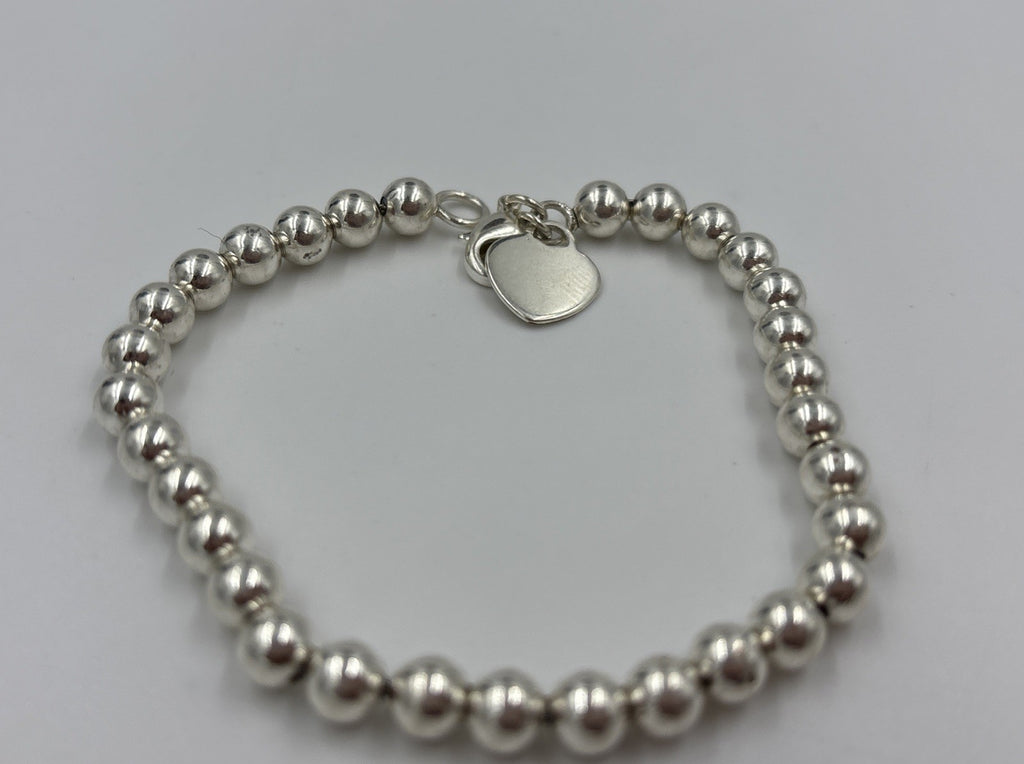Vintage Sterling Silver Bead Bracelet with Heart Charm – 925 Ball Chain 19cm