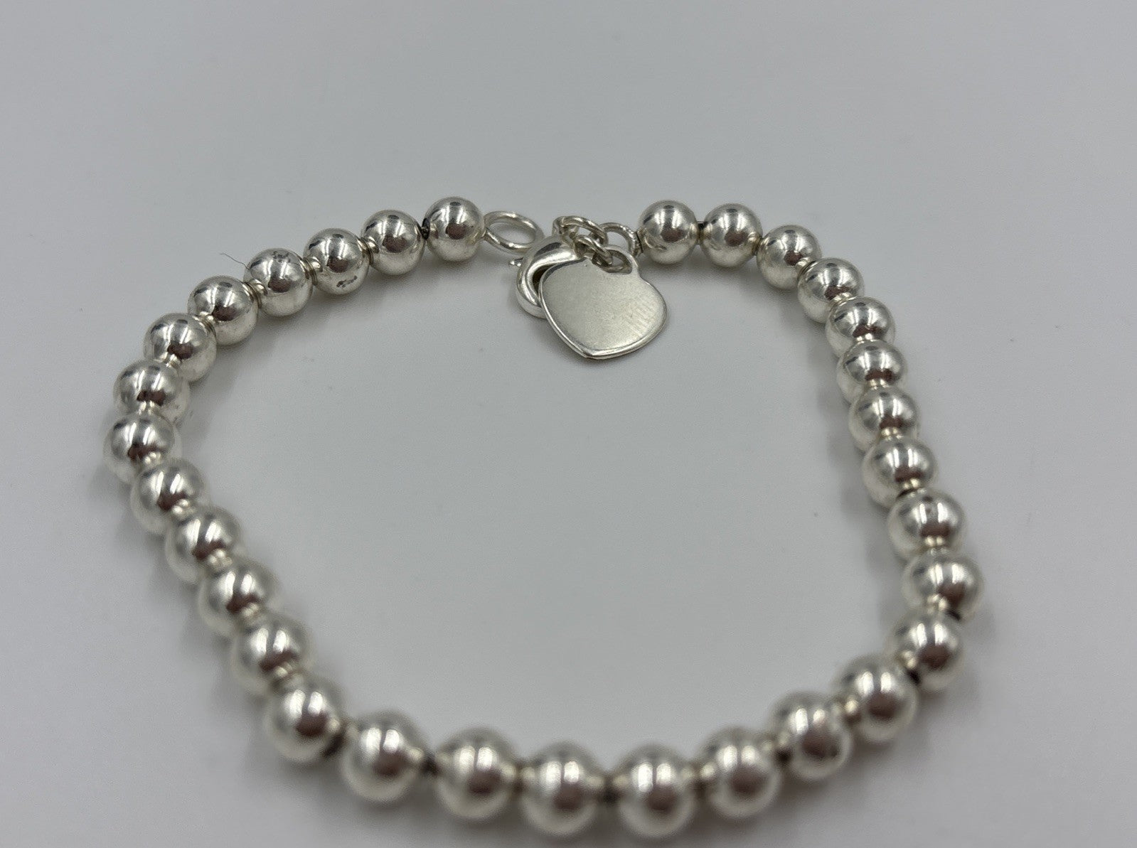 Vintage Sterling Silver Bead Bracelet with Heart Charm – 925 Ball Chain 19cm