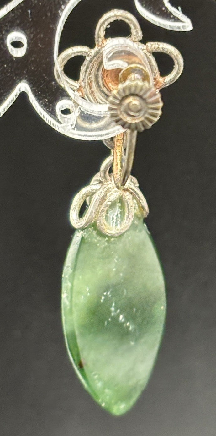 Vintage Silver Nephrite Jade Earrings Screw Back Floral Drop Jewelry 1950s