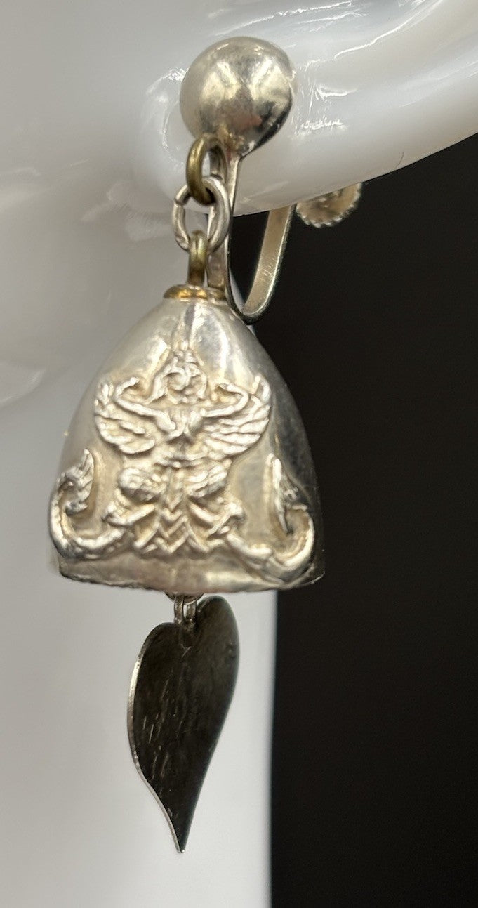 Vintage Thai Siam Sterling Silver Ganesha Dangle Screw Back Earrings