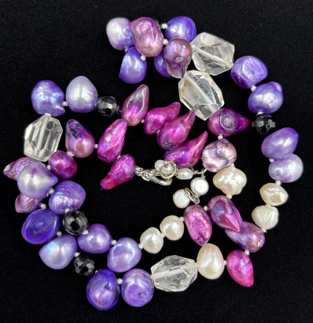 Vintage Y2K Necklace Purple Pink Freshwater Pearls Crystal Bead Strand