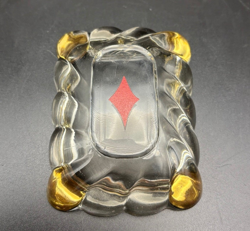 Mid Century Glass Ashtray Gold Tone Corners Red Diamond Trinket Dish