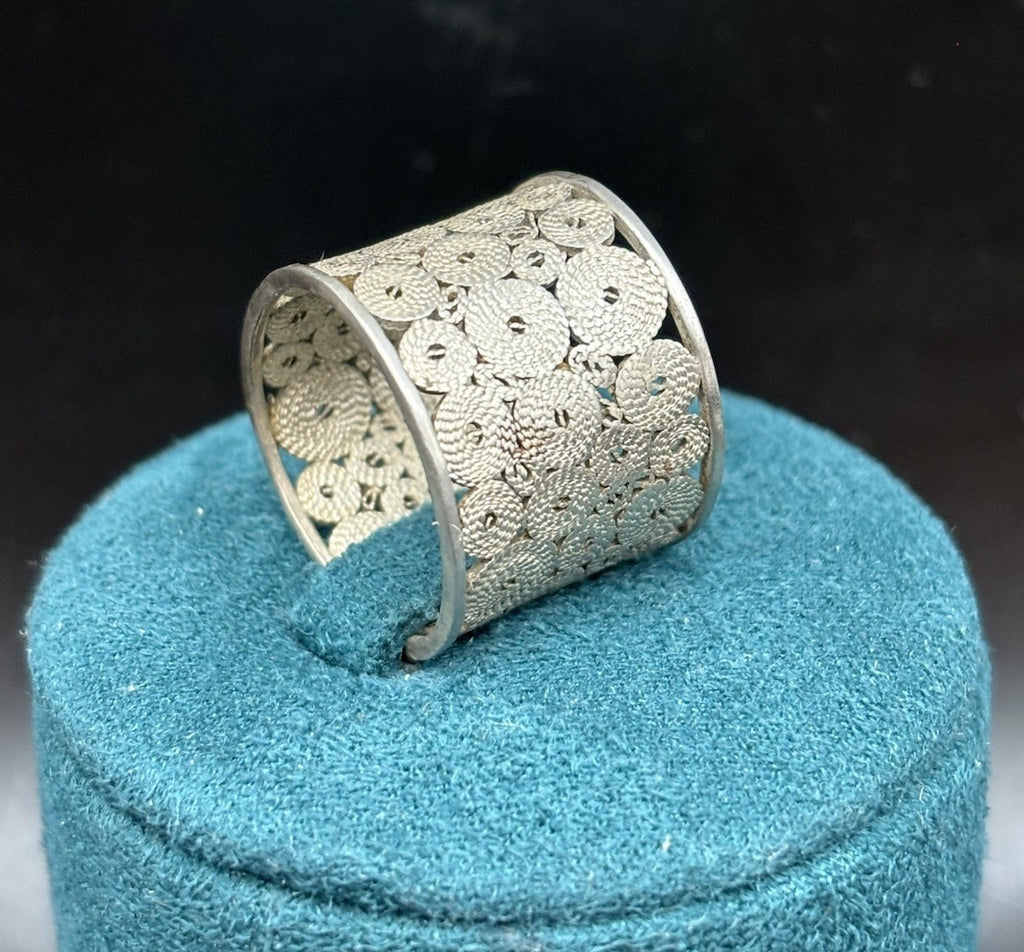 Vintage Sterling Silver Wide Filigree Statement Ring Artisan Openwork Band