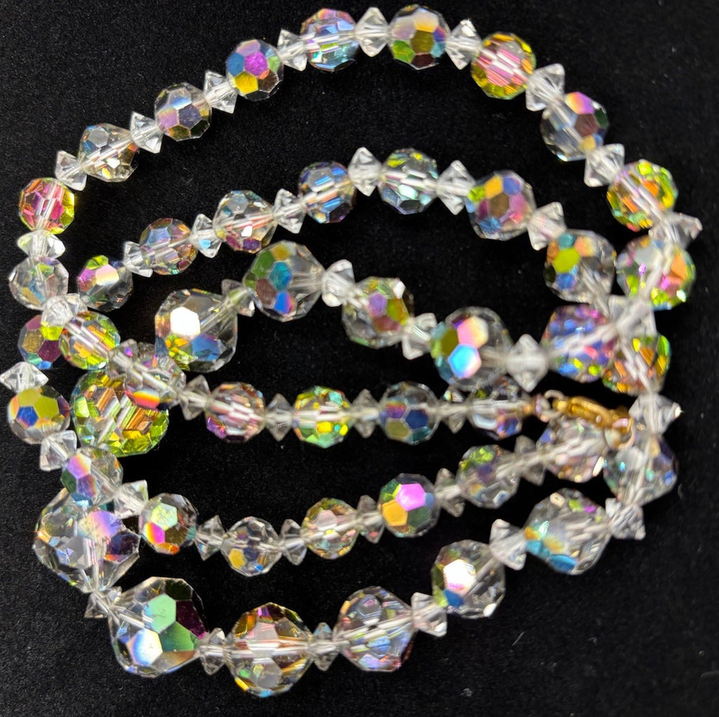 Vintage Aurora Borealis Crystal Bead Necklace Faceted Glass, Mid-Century
