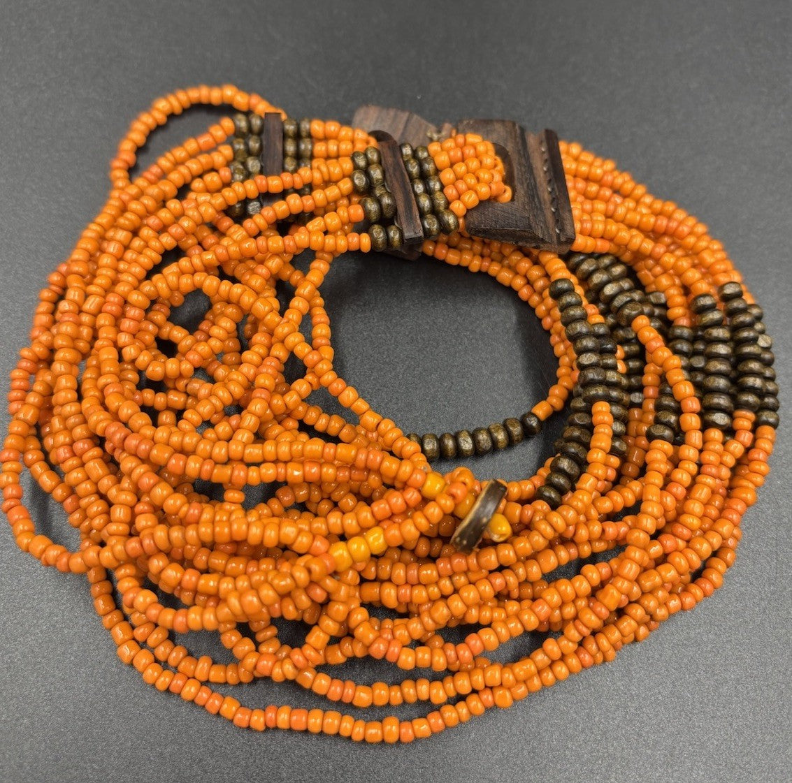 Vintage Tribal Orange Beaded Multi-Strand Necklace Wood Clasp Boho Ethnic