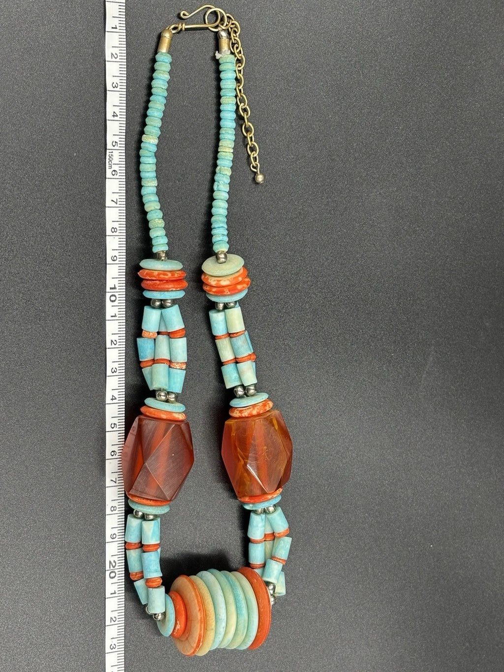 Vintage Tribal Necklace Red Resin & Turquoise Beads Statement Jewelry