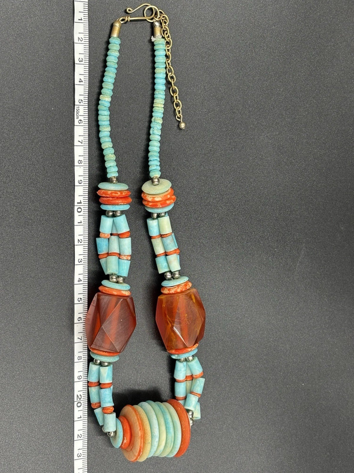 Vintage Tribal Necklace Red Resin & Turquoise Beads Statement Jewelry