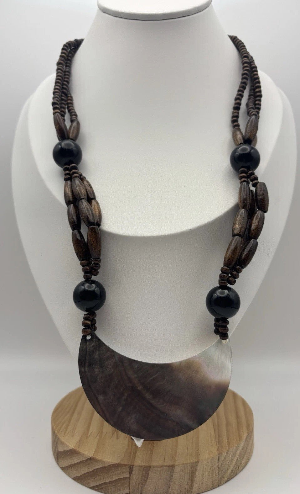 Vintage Tribal Necklace Mother of Pearl Crescent Pendant Wood Beads