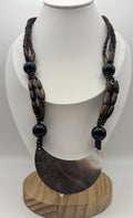 Vintage Tribal Necklace Mother of Pearl Crescent Pendant Wood Beads