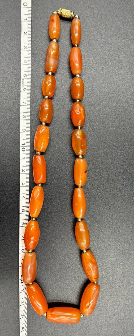 Vintage Orange Art Glass Necklace Swirled Barrel Beads, Mid-Century
