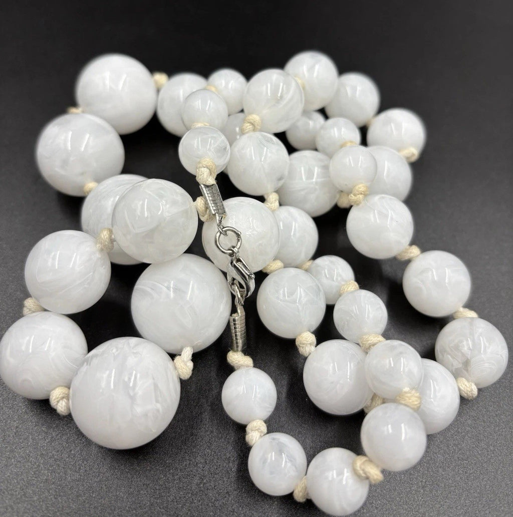 Vintage White Lucite Necklace Swirled Moonglow UV Reactive Beads