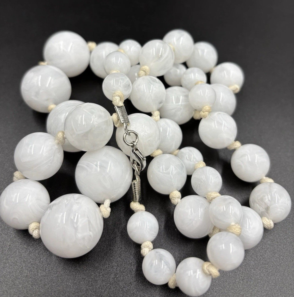 Vintage White Lucite Necklace Swirled Moonglow UV Reactive Beads