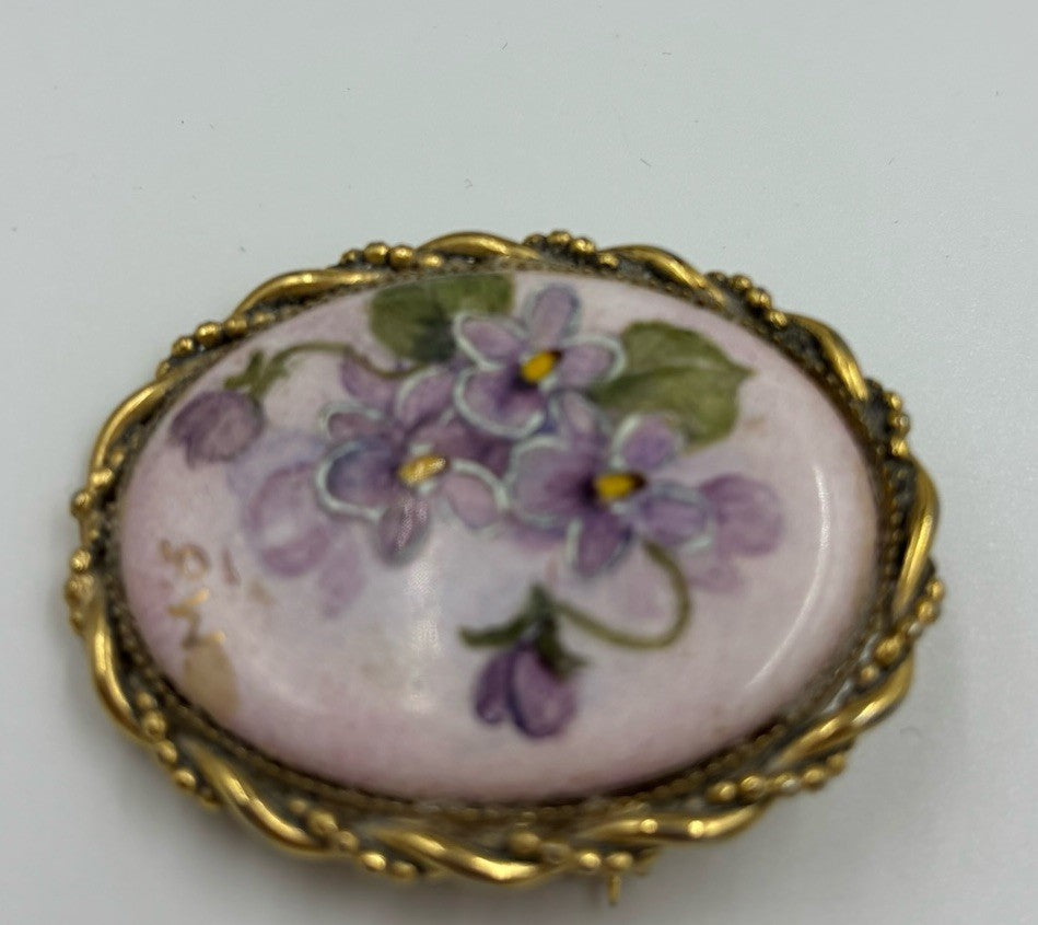 Antique Hand Painted Violet Porcelain Brooch Pendant Signed PW