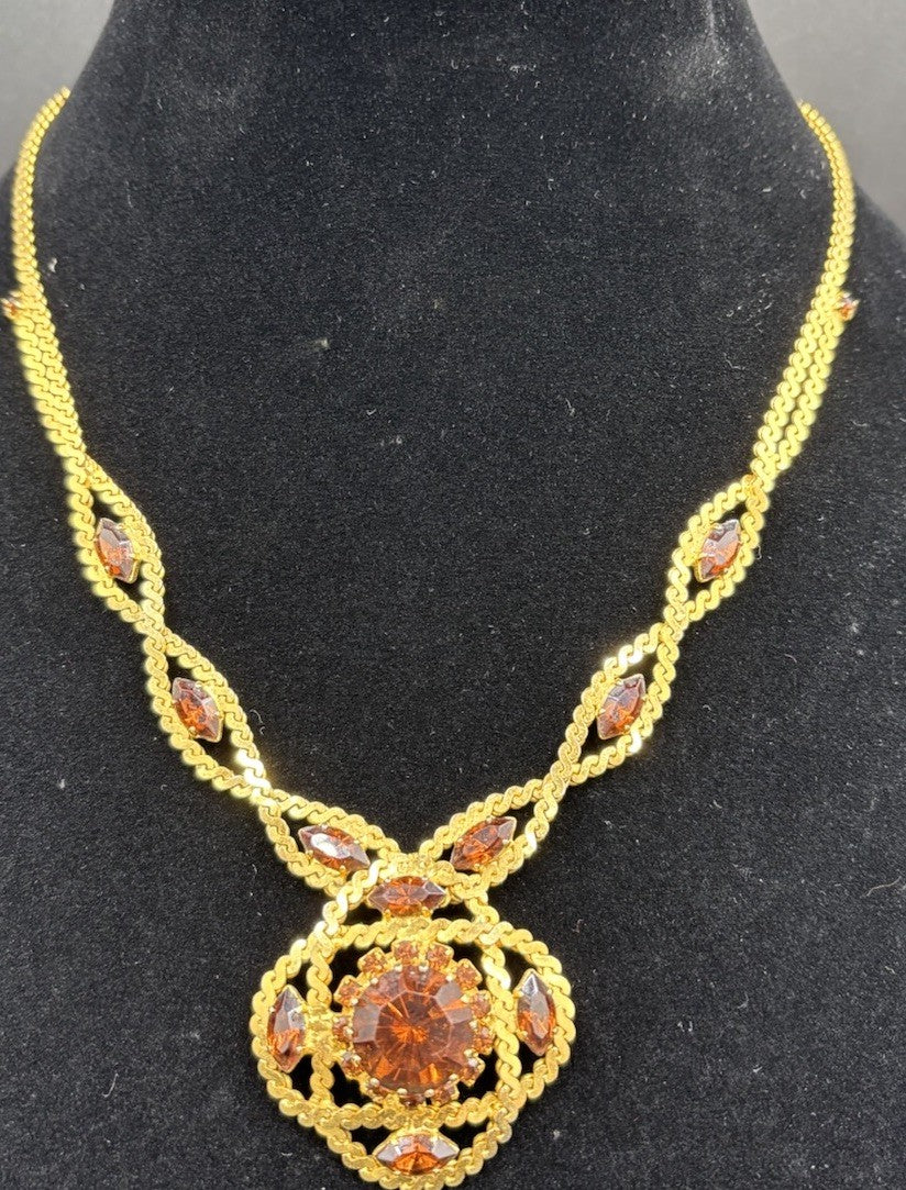 Vintage Cognac Amber Diamanté Statement Necklace Gold Tone.