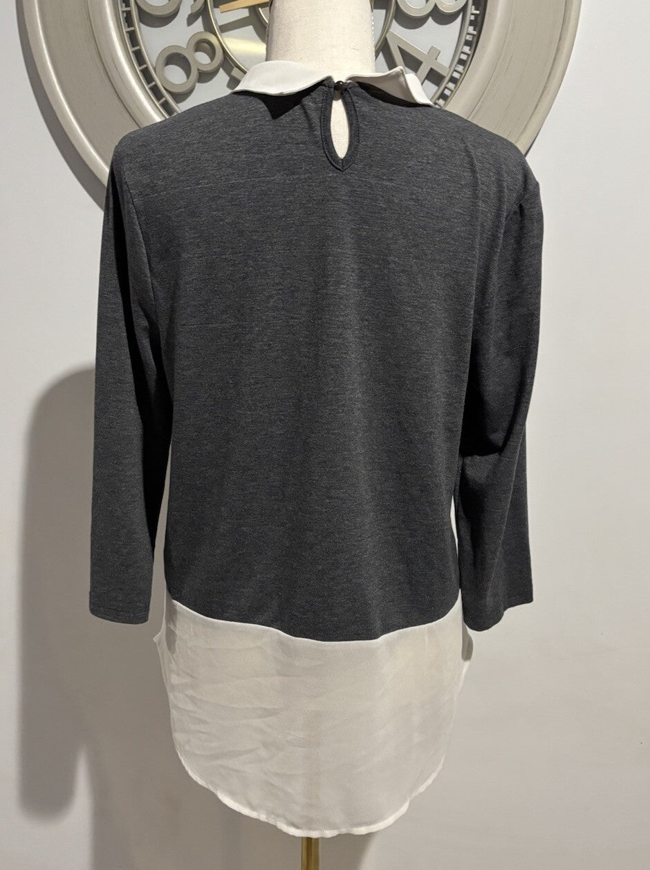 Valley Girl Grey Top White Peter Pan Collar Long Sleeve Blouse Size 10
