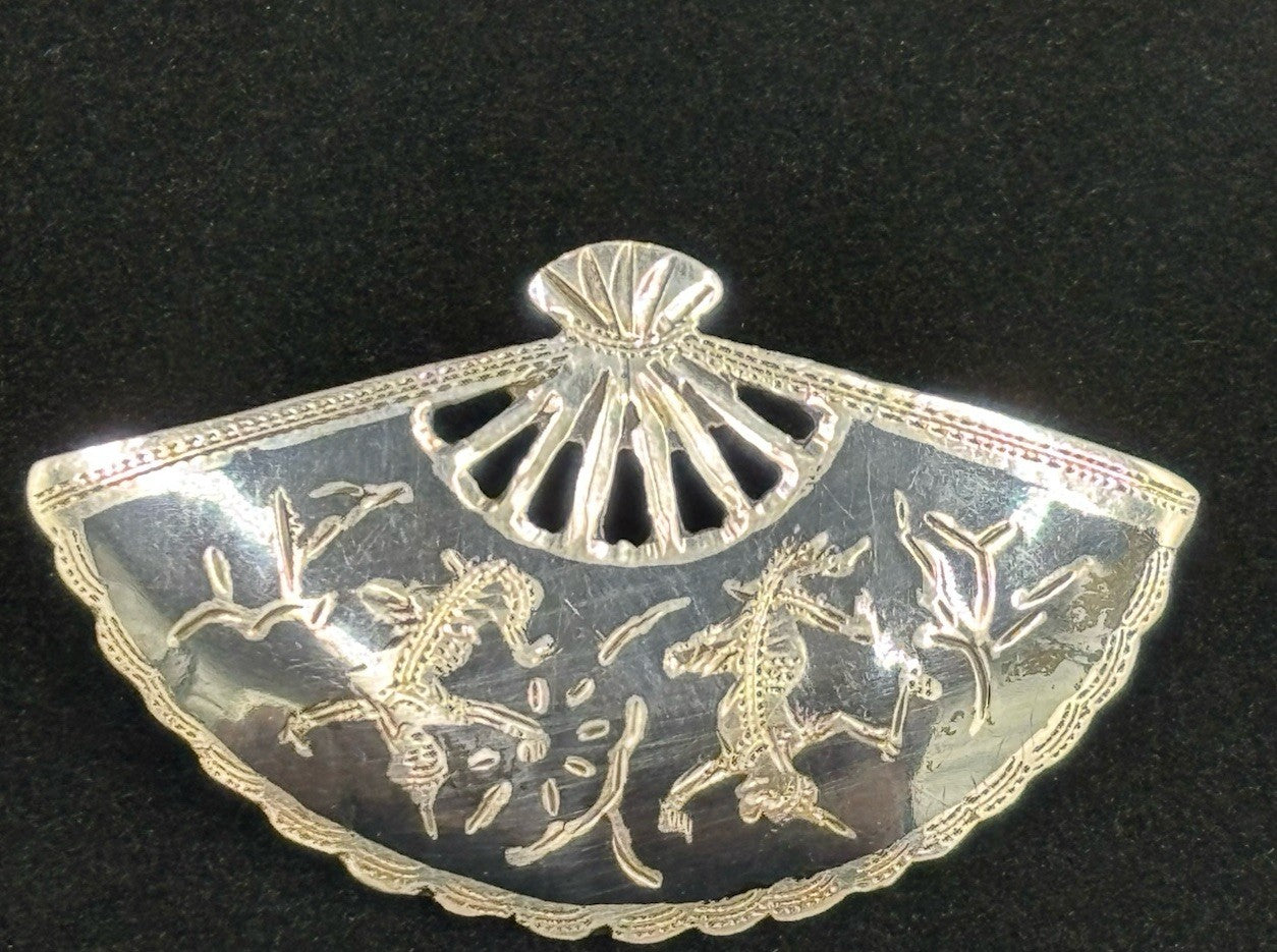 Vintage Siam Sterling Silver Fan Brooch Thai Dancer Motif 1940s -1950s