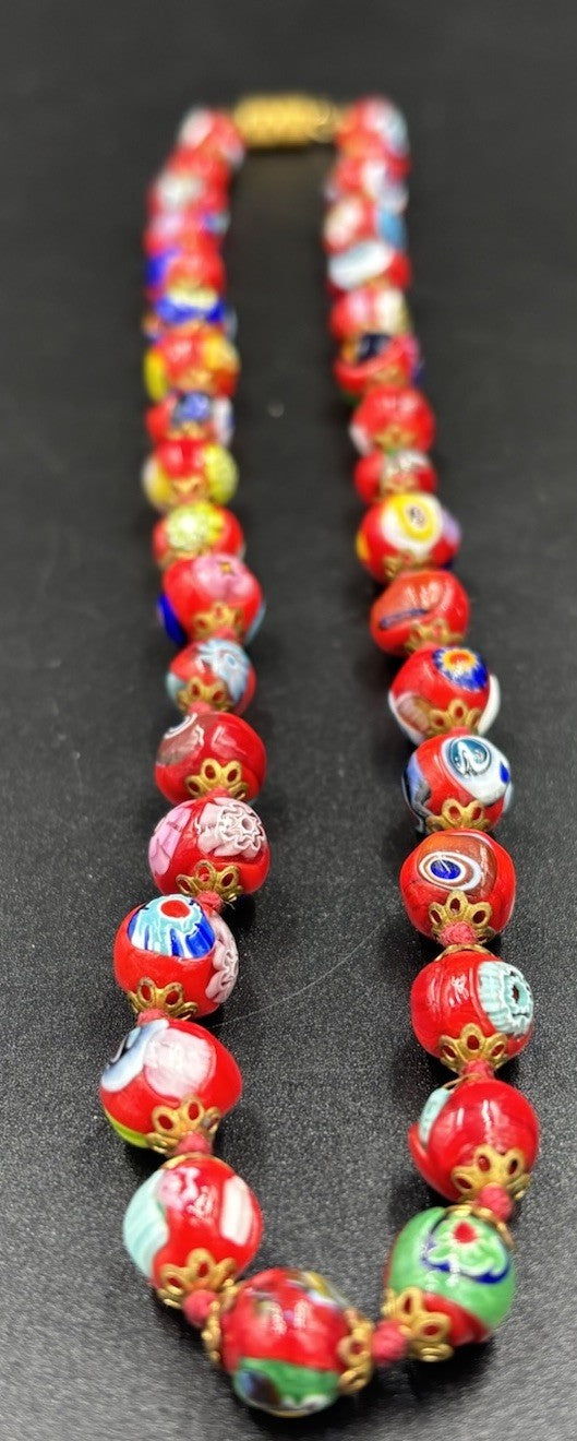 Vintage Murano Millefiori Glass Necklace Red Beads Venetian 1950s Italy