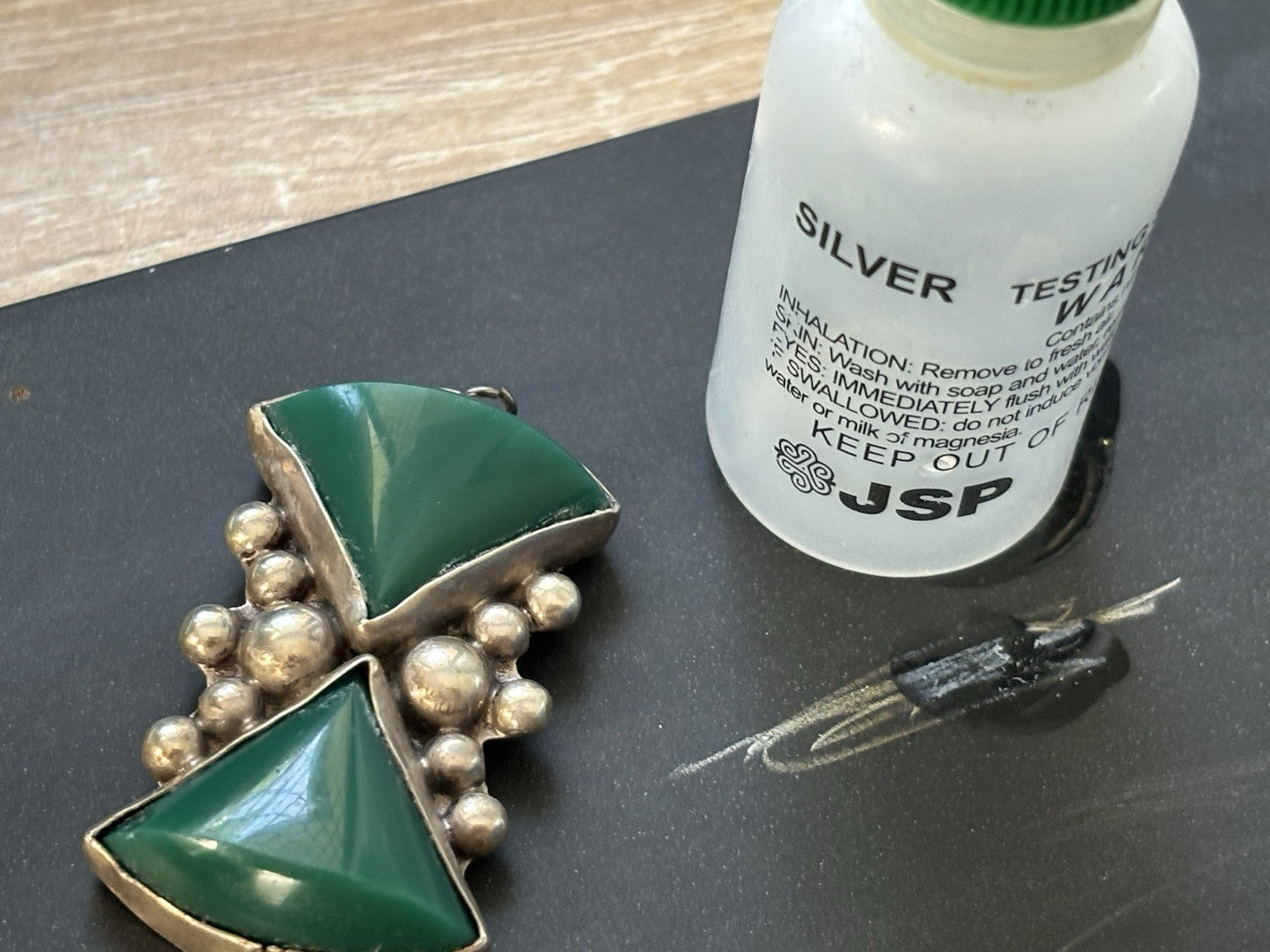 Vintage Silver Tested Green Onyx Pendant Mid Century Artisan Jewelry