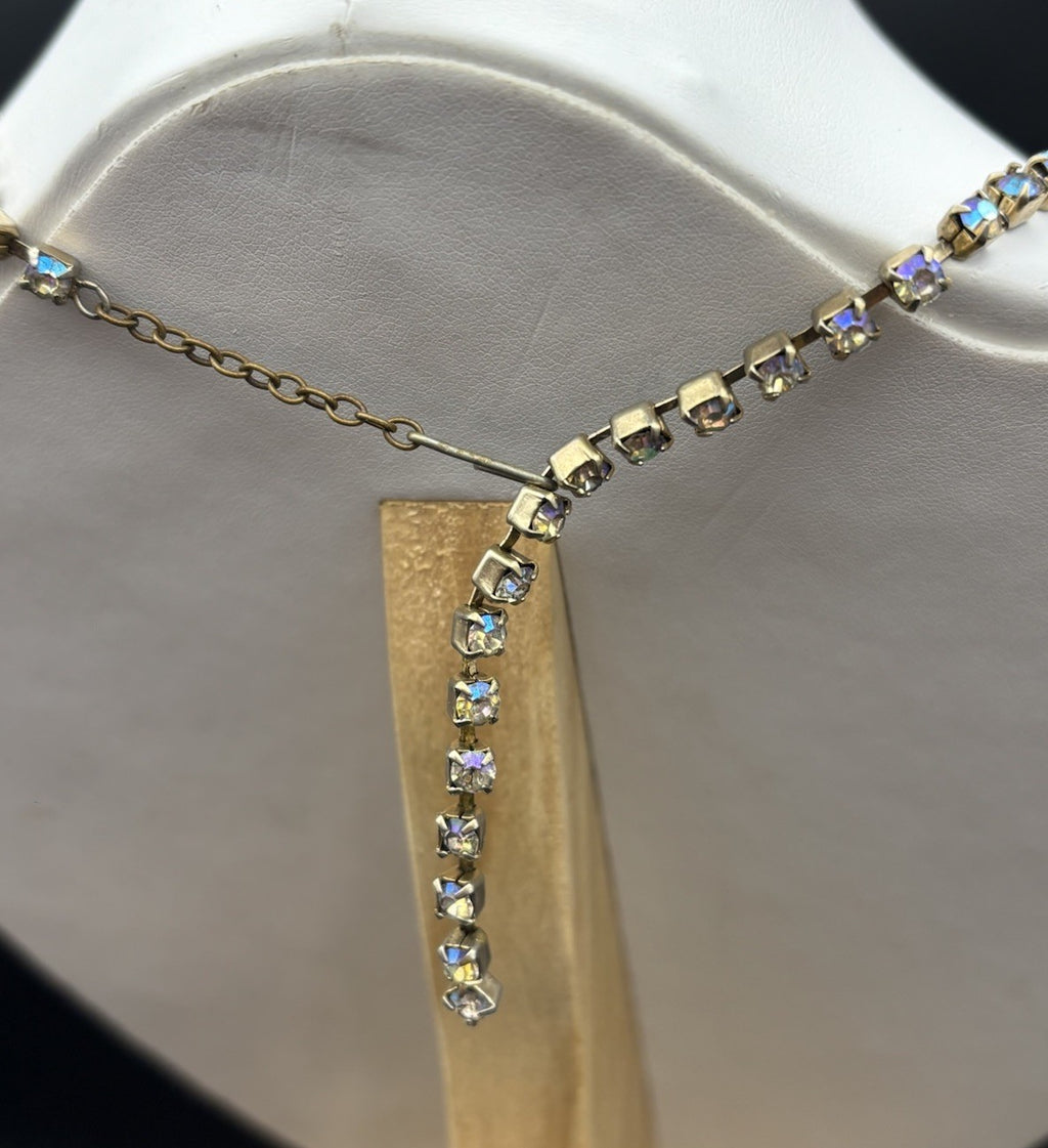 Vintage Aurora Borealis Rhinestone Statement Necklace Gold Tone Mid Century