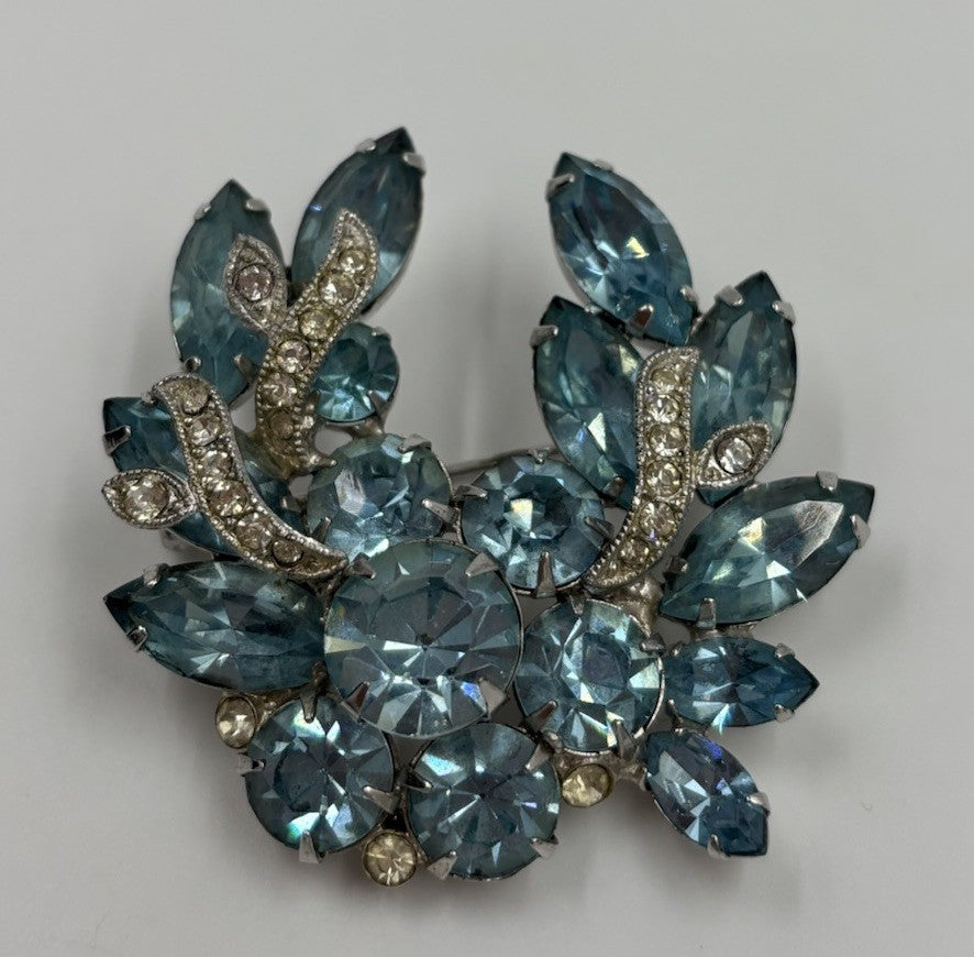 Vintage Signed Eisenberg Ice Rhodium Plated Blue Rhinestone Leaf Spray Brooch