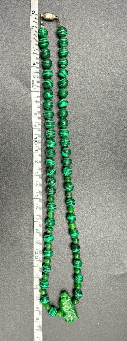 Vintage Malachite Bead Necklace with Carved Jade Dragon Pendant & Accents
