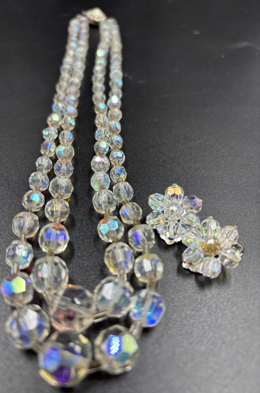 Vintage Aurora Boris Faceted Crystal AB Necklace & Earrings Set
