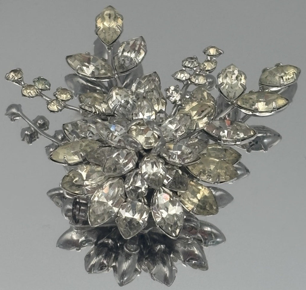 Vtg JewelCrest Brooch Donald Simpson Signed Clear Rhinestones Silver Tone