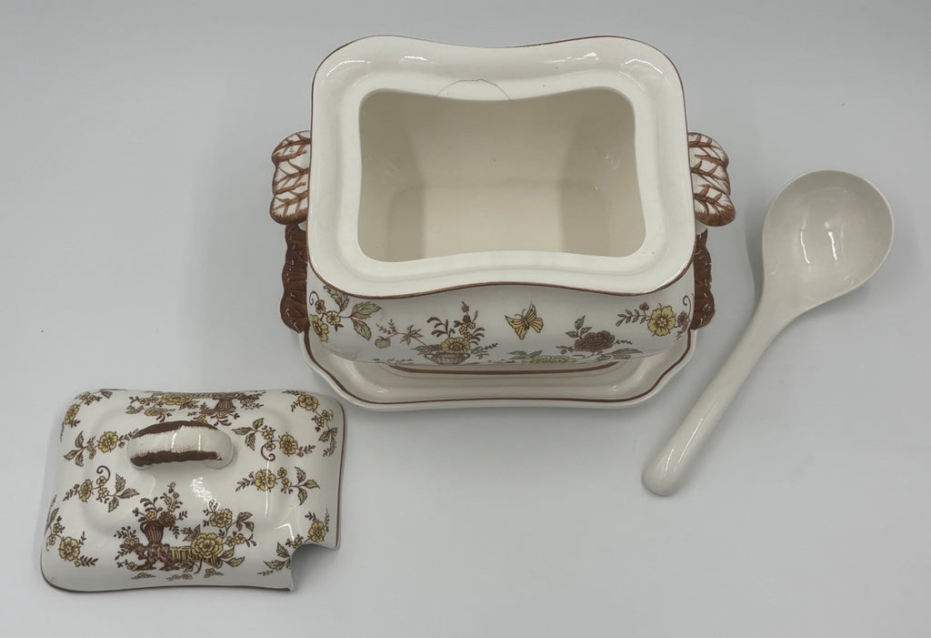 Vintage Soup Tureen Set Floral Transferware Lid Tray Ladle Ceramic