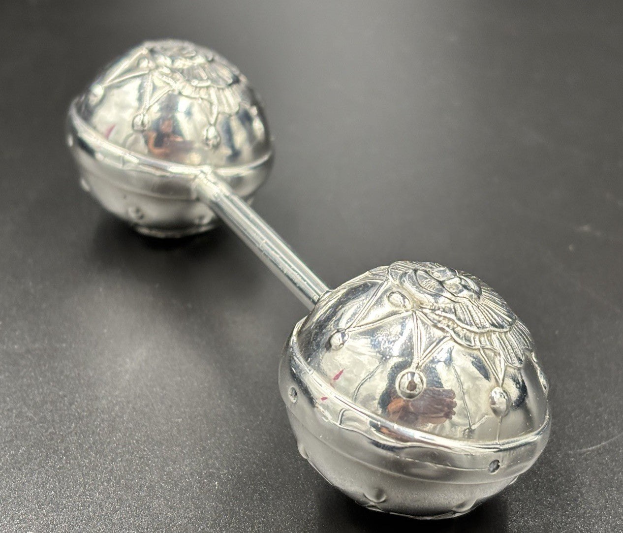 Antique Silver Baby Rattle Celestial Sun Face Repoussé