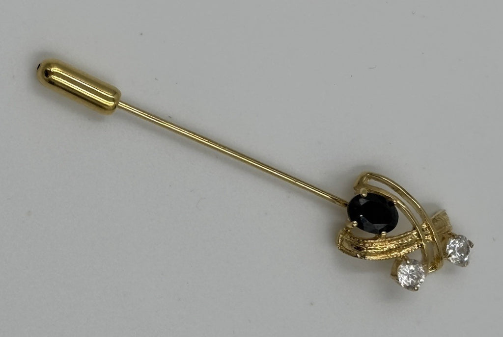 Vintage Gold Tone Stick Pin with Onyx & Clear Rhinestone Lapel Brooch