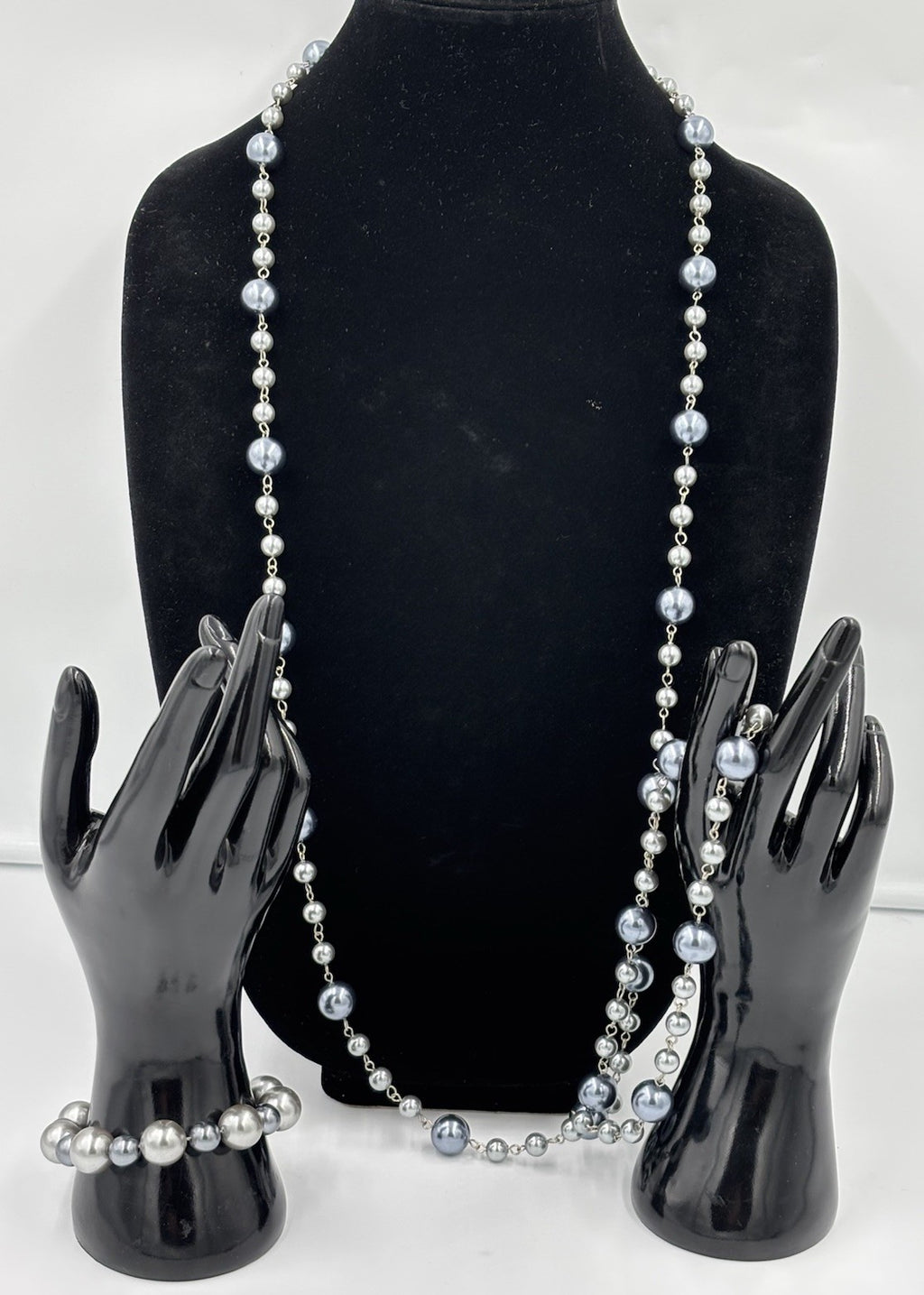 Vintage Silver Grey Faux Pearl Long Necklace Bracelet Set Statement
