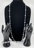 Vintage Silver Grey Faux Pearl Long Necklace Bracelet Set Statement