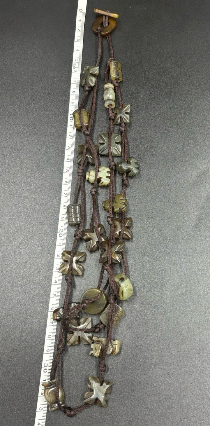 Vintage Serpentine Stone Necklace Carved Tribal Folk Beads Multi Strand Jewelry